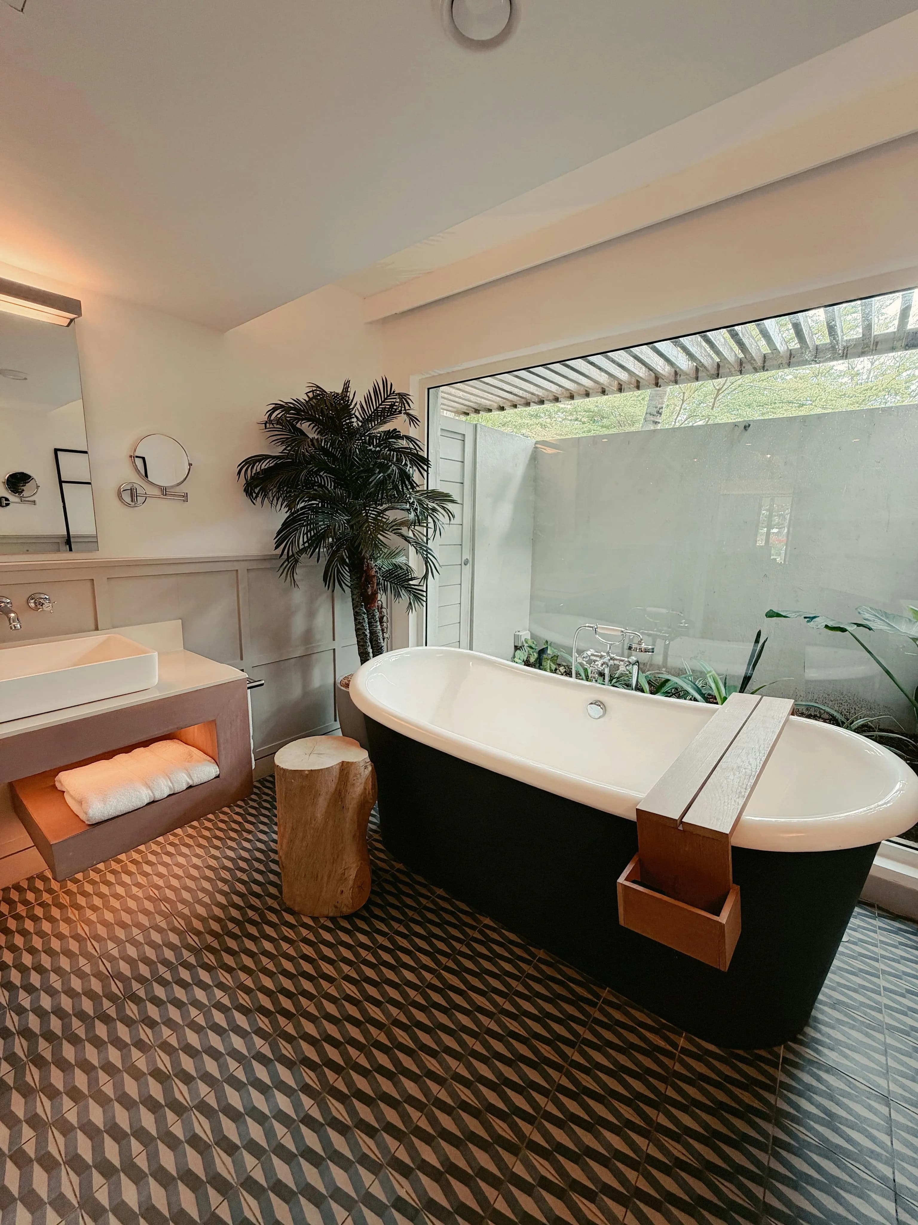 Luxury bathroom with freestanding black tub and indoor plants
