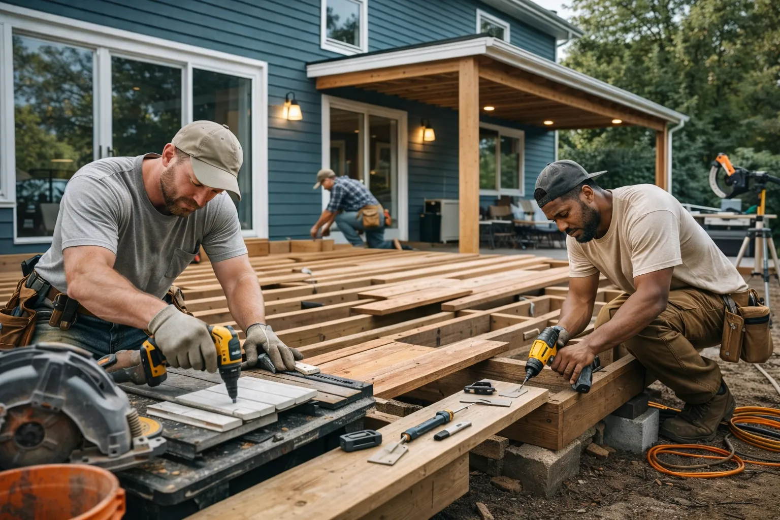Contractors building a wooden deck on a blue siding home