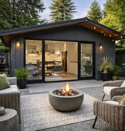 Modern outdoor living space with patio furniture