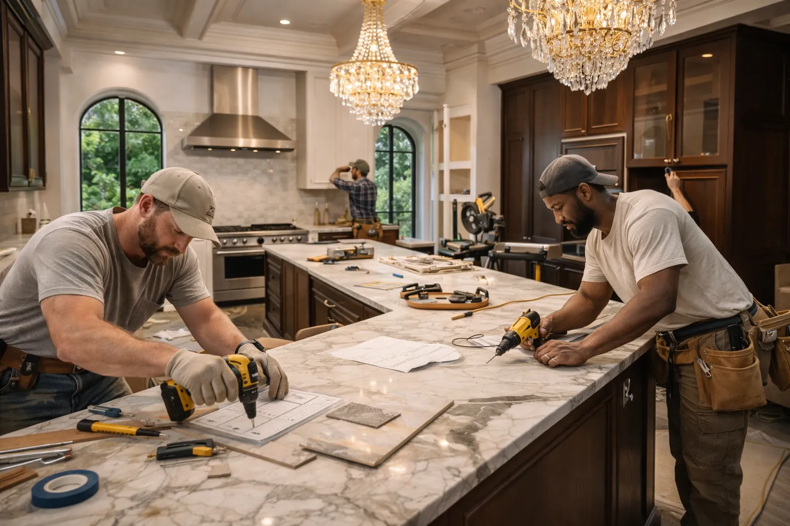 Contractors installing marble countertops in a luxury kitchen with chandelier