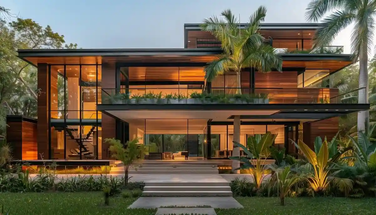 Modern home with warm interior lighting at dusk