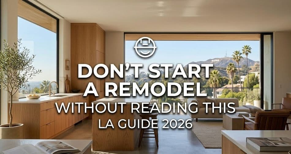 Professional photograph of a fully renovated, sun-drenched minimalist LA kitchen and living area.