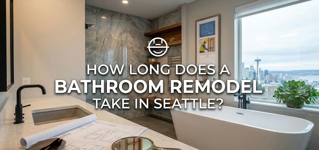 An informative cover image for an article, featuring a photograph of a luxurious modern bathroom in Seattle with a clear view of the Space Needle and the city skyline through a large window.